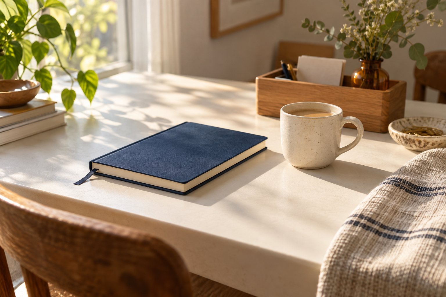 A notebook, cup and organizer arranged on a sunlit tabletop